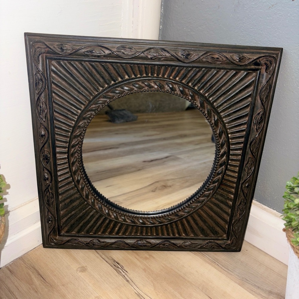 Square Dark Wood Sunburst Wall Mirror Ornate Leaf Vine Frame 14x14 Round Center - Picture 2 of 12